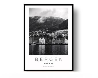 Bergen Poster, Bergen Print, Travel Poster, Norway Poster, black and white art