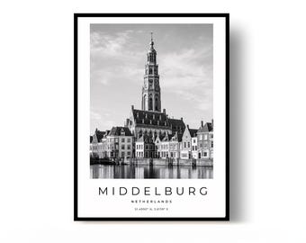Middelburg Poster, Middelburg Print, Travel Poster, Netherlands Poster, black and white art