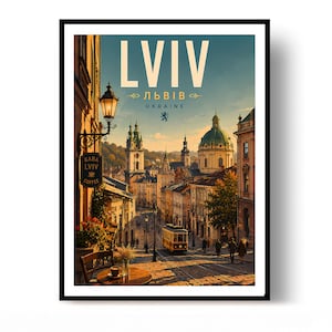May include: A framed travel poster of Lviv, Ukraine, featuring a street scene with a tram, historic buildings, and a cafe table in the foreground. The text reads LVIV, ЛЬВІВ, and UKRAINE, with a small blue lion emblem below the city name.