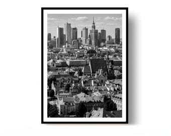 Warsaw skyline Poster Poland Travel Print black and white Wall Art Home Decor Gift