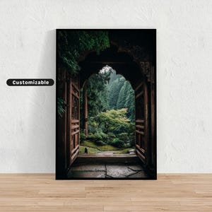 Temple garden gate partially open to forest view | Japanese Wall Art Print | Zen Asian Decor