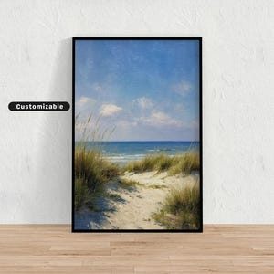 Waves gently rolling on beige beach under bright morning sun | Coastal Wall Art Print | Vintage Beach Decor