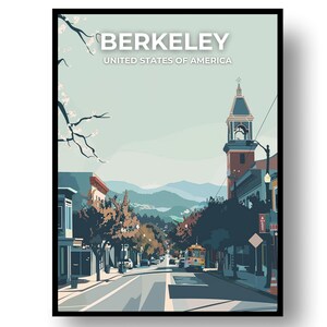 Könnte beinhalten: Ein gerahmter Kunstdruck mit einer stilisierten Illustration von Berkeley, Kalifornien. Das Kunstwerk zeigt eine Straßenszene mit einer Straßenbahn, Gebäuden, Bäumen und Bergen im Hintergrund. Der Text "BERKELEY UNITED STATES OF AMERICA" steht oben.