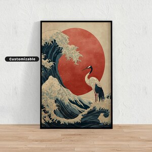 Ukiyo-e style wave and crane in elegant composition | Japanese Wall Art Print | Zen Asian Decor