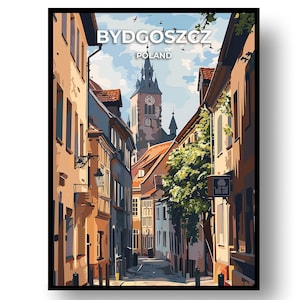 Könnte beinhalten: Eine Reiseplakat-Illustration einer engen Straße in Bydgoszcz, Polen, mit hohen Gebäuden in Beige- und Brauntönen, einem markanten Kirchturm mit Uhr, einem grünen Baum und einem blauen Himmel. Der Text lautet BYDGOSZCZ POLAND.