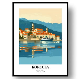 May include: A framed art print featuring a coastal scene of Korcula, Croatia. The artwork depicts a town with red-tiled roofs, a church, and a boat on the water. The sky is a gradient of yellow and blue, with mountains in the background.