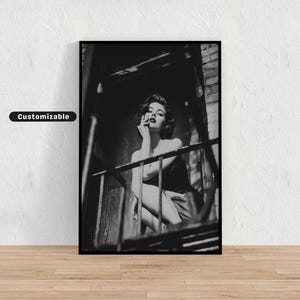 Woman painting her nails on a fire escape, Black and White Wall Art, Glamour Poster, Vintage Photography Print