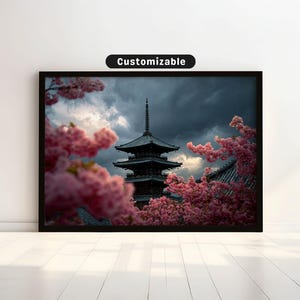 Pagoda layered between cherry blossoms and stormy clouds | Japanese Wall Art Print | Zen Asian Decor