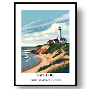 Può includere: Una stampa artistica incorniciata con una scena costiera con un faro. L'opera raffigura un faro bianco con la parte superiore nera, edifici con tetti rossi e una spiaggia sabbiosa sotto un cielo blu. Il testo "CAPE COD UNITED STATES OF AMERICA" è in basso.