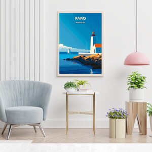 May include: A minimalist poster with a blue and white lighthouse on a rocky shore. The poster has the text "FARO PORTUGAL" at the top.
