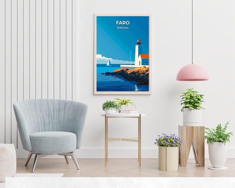 May include: A minimalist poster with a blue and white lighthouse on a rocky shore. The poster has the text "FARO PORTUGAL" at the top.