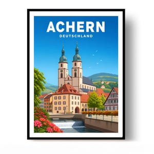Peut inclure: Une affiche de voyage encadrée avec le texte ACHERN DEUTSCHLAND. L'illustration montre une ville avec une grande église à deux tours, des bâtiments aux toits rouges, une rivière avec une petite cascade et des fleurs roses au premier plan.