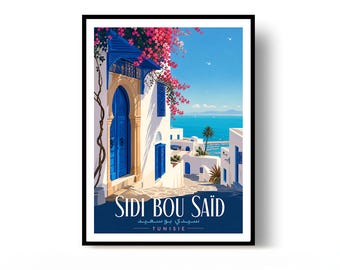 Sidi Bou Saïd Poster Tunisia Travel Print Vintage Wall Art Home Decor Gift