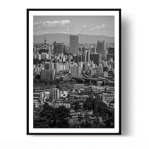 Peut inclure: Une impression photographique en noir et blanc représentant un paysage urbain dense avec de nombreux immeubles de grande hauteur, des blocs résidentiels et une rivière traversant le centre, encadrée par une fine bordure noire sur fond blanc.