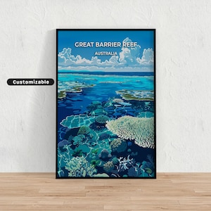 Póster de viaje a la Gran Barrera de Coral, Australia, póster de viaje a la Gran Barrera de Coral, Australia, póster personalizado, arte mural, arte de viaje,