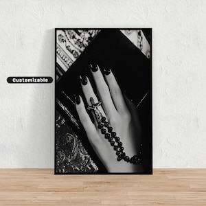 Hand with black nail polish holding a rosary and a lighter, Black and White Wall Art, Glamour Poster, Vintage Photography Print