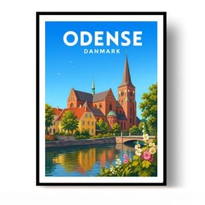 Puede incluir: Un póster de viaje de la ciudad de Odense, Danmark, con una gran catedral de ladrillo rojo y edificios amarillos junto a un río. El cielo es azul brillante y flores coloridas crecen en primer plano. El texto ODENSE DANMARK está arriba.