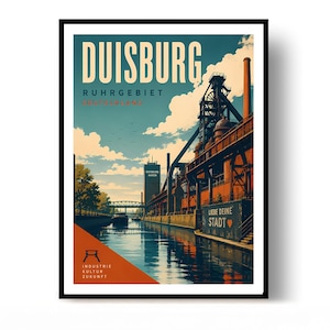 Könnte beinhalten: Ein gerahmtes Poster mit einer stilisierten Illustration von Duisburg, Ruhrgebiet, Deutschland. Das Bild zeigt eine industrielle Kanalszene mit einer großen Metallstruktur, einem hohen Schornstein und einem Gebäude mit der Aufschrift Duisburg Hafen. Text: LIEBE DEINE STADT.