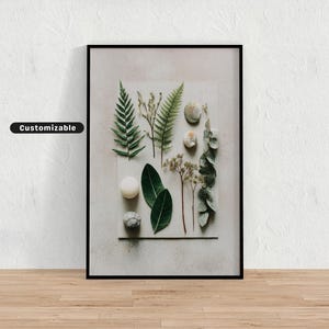Disposizione piatta di elementi botanici su carta testurizzata, arte murale botanica minimalista, stampa di natura neutra