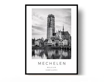 Mechelen Poster, Mechelen Print, Travel Poster, Belgium Poster, black and white art