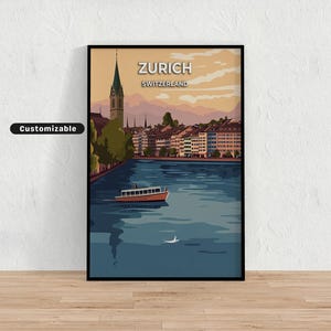 Póster de viaje a Zúrich, Suiza. Póster de viaje a Zúrich, Suiza. Póster personalizado. Arte mural. Arte de viaje. Descarga digital.