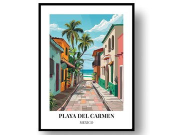 Pode incluir: Uma impressão artística emoldurada apresentando uma cena de rua colorida em Playa del Carmen, México. A ilustração retrata um caminho pavimentado ladeado por edifícios em tons de turquesa, laranja e creme, com palmeiras e vista para o mar.