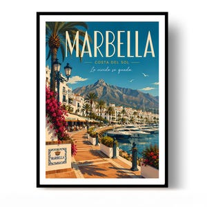May include: A framed travel poster of Marbella, Costa del Sol, featuring a coastal promenade with white buildings, palm trees, pink bougainvillea, a marina with yachts, and a mountain backdrop. The text reads MARBELLA COSTA DEL SOL Lo vivido se queda.