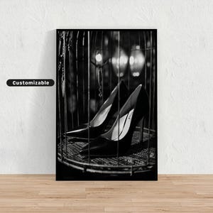 Black stilettos in a birdcage, Black and White Wall Art, Glamour Poster, Vintage Photography Print
