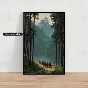 Monks walking in single file toward hidden mountaintop temple | Japanese Wall Art Print | Zen Asian Decor