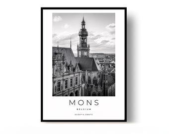 Mons Poster, Mons Print, Travel Poster, Belgium Poster, black and white art