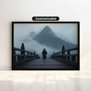 Samurai crossing wooden bridge toward foggy mountain | Japanese Wall Art Print | Zen Asian Decor