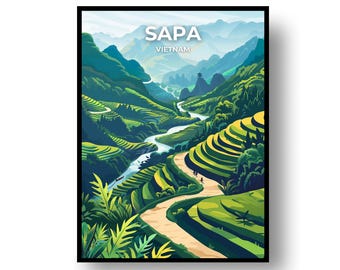 Póster de viaje a Sapa, Vietnam: arte mural minimalista, enmarcado o digital