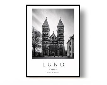 Lund Poster, Lund Print, Travel Poster, Sweden Poster, black and white art