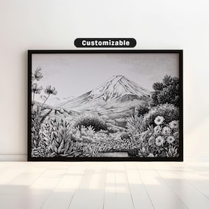 Dibujo a tinta del monte Fuji visto desde un jardín de flores / Impresión de arte mural japonés / Decoración asiática zen