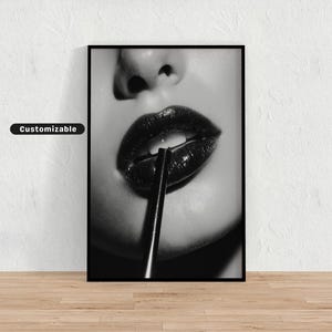 Close-up of glossy lips sipping from a cocktail straw, Black and White Wall Art, Glamour Poster, Vintage Photography Print