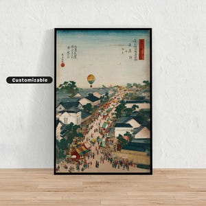 Edo-style townscape with market stalls and lanterns | Japanese Wall Art Print | Zen Asian Decor