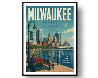 May include: A framed travel poster of Milwaukee, Wisconsin, featuring the city skyline, the Milwaukee Art Museum, a waterfront park bench, a lamppost with a 414 Brew City banner, and flowers. Text reads: Milwaukee, Wisconsin, Cream City by the Lake, Lake. Brew. Baseball. This is home.