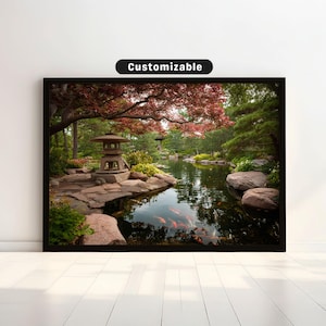 Serene temple garden with koi pond and stone lanterns under maple trees | Japanese Wall Art Print | Zen Asian Decor