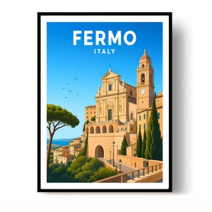 Puede incluir: Un póster de viaje enmarcado con una ilustración digital de la ciudad de Fermo, Italia. La obra muestra una gran catedral de color beige con una torre de reloj, rodeada de árboles verdes, un cielo azul y el texto FERMO ITALY en la parte superior.