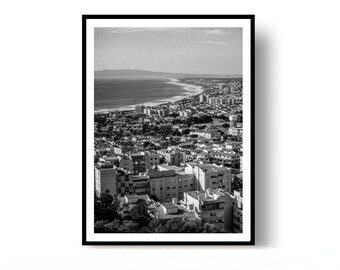Costa da Caparica skyline Poster Portugal Travel Print black and white Wall Art Home Decor Gift