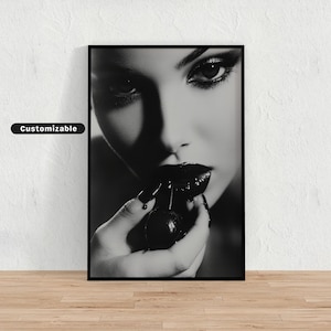 Woman eating cherries with dripping juice on bare skin, Black and White Wall Art, Glamour Poster, Vintage Photography Print