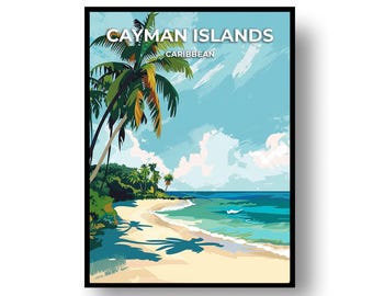 Op de afbeelding: Een reisposter met een strandscène op de Kaaimaneilanden, Caraïben. De illustratie toont een zandstrand, turquoise oceaan en palmbomen onder een blauwe lucht met witte wolken. De tekst CAYMAN ISLANDS en CARIBBEAN staat bovenaan.