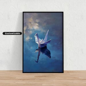 Gru di carta che galleggia sull'acqua ferma con pennellate morbide / Stampa artistica giapponese / Decorazione zen asiatica