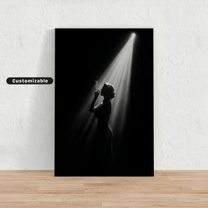 Woman dancing alone in spotlight with cigarette in mouth, Black and White Wall Art, Glamour Poster, Vintage Photography Print