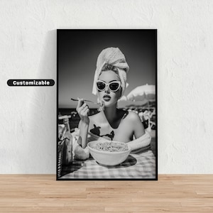 Stylish woman eating pasta by the sea, wearing sunglasses and a towel on her head, Black and White Wall Art, Glamour Poster, Vintage Phot
