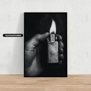 Close-up of a hand lighting a cigarette with an old zippo lighter, Black and White Wall Art, Glamour Poster, Vintage Photography Print