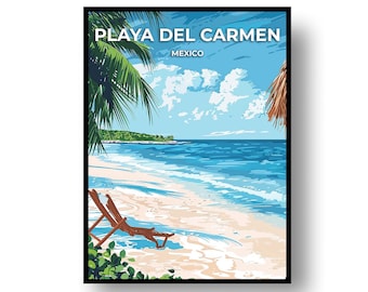 Pode incluir: Um cartaz de viagem com uma cena de praia em Playa Del Carmen, México. A ilustração mostra uma praia de areia, oceano turquesa, céu azul com nuvens brancas, folhas de palmeira e uma espreguiçadeira de madeira castanha sob um telhado.