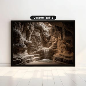 Waterfall carving through canyon in traditional style | Japanese Wall Art Print | Zen Asian Decor
