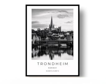 Trondheim Poster, Trondheim Print, Travel Poster, Norway Poster, black and white art