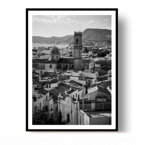 Affiche de la skyline de Jávea, Espagne, impression de voyage en noir et blanc, décoration murale, cadeau